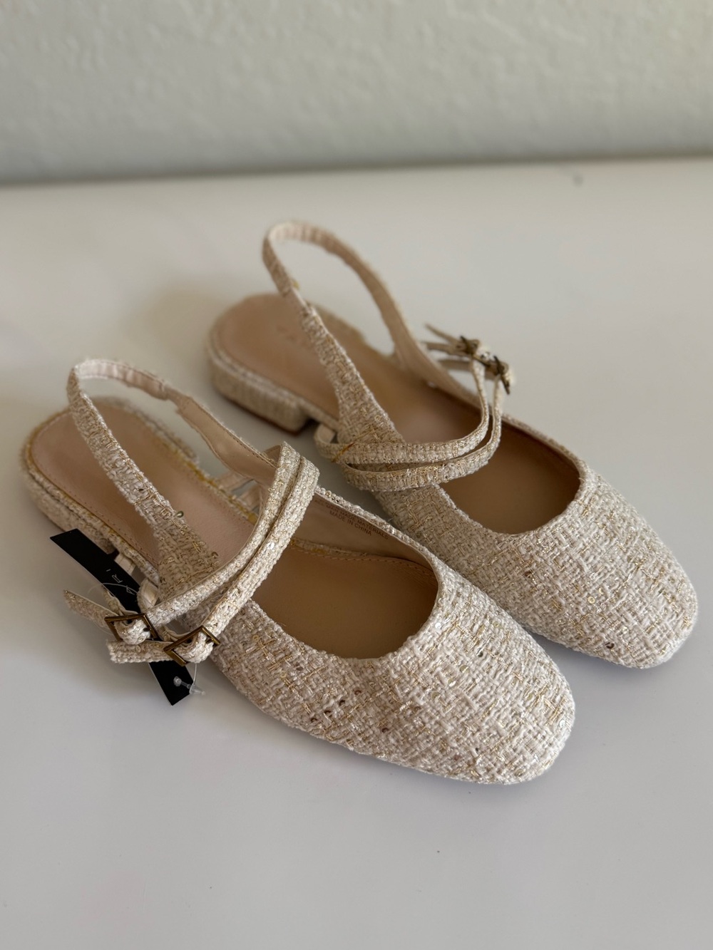 Tahari Tweed Sequin Cream Mary Jane Ballet Flats
